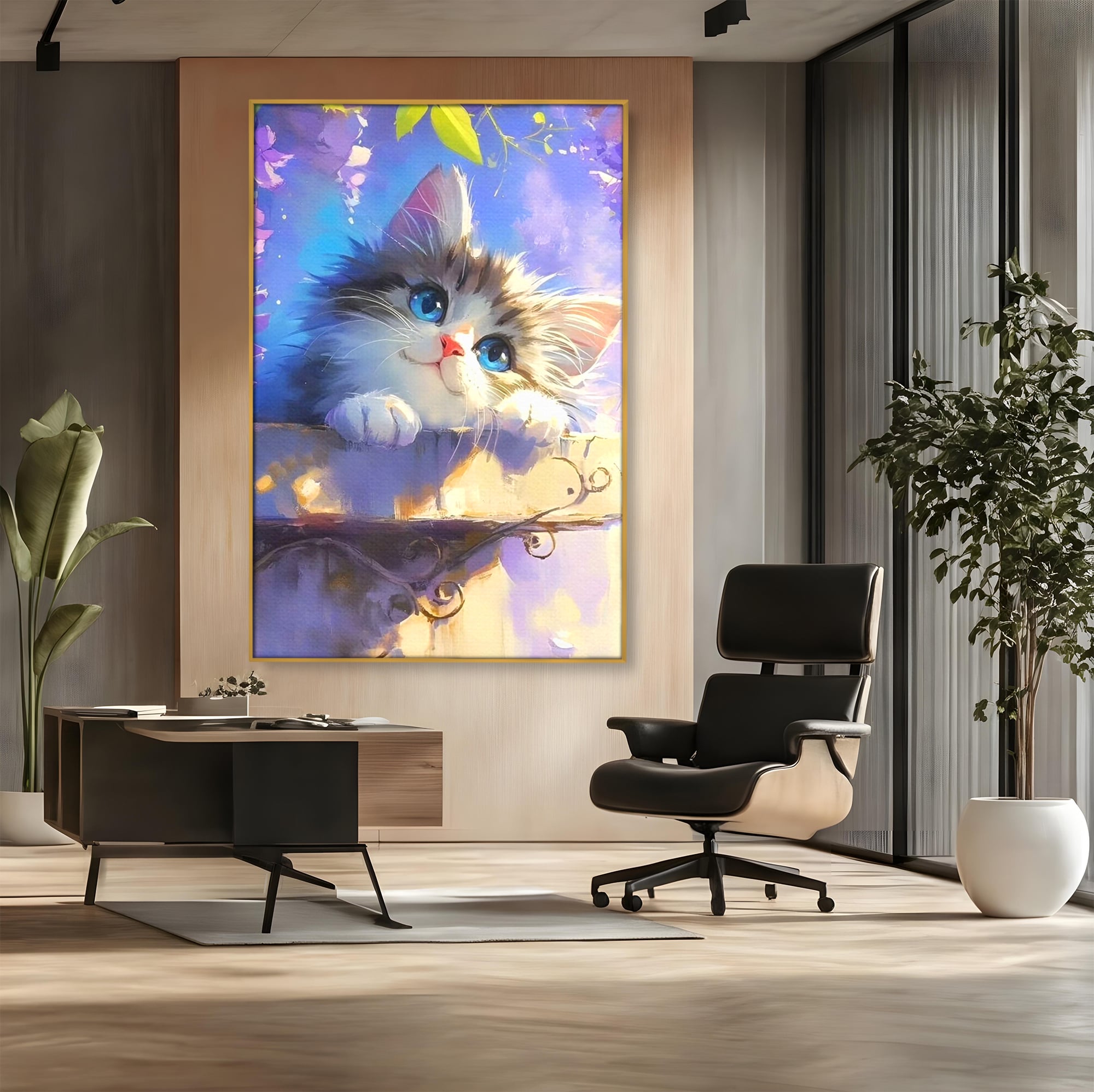 Tablou canvas cu tablou canvas cu pisica pufoasa, in rama de aluminiu auriu, pe perete intr-un birou